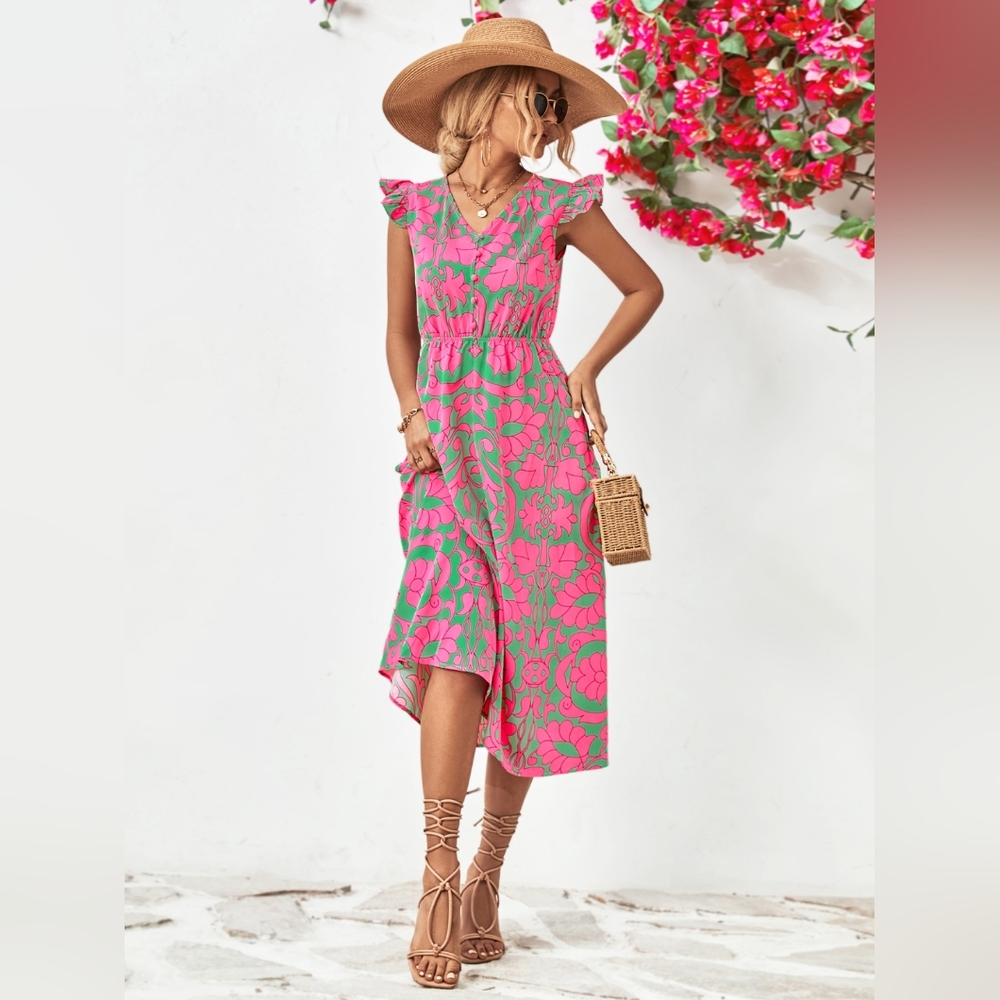 Floral V-Neck Cap Sleeve Dress - Picture 6 of 9